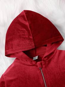 SHEIN 年轻女孩 2 件套水钻字母图案天鹅绒连帽衫和喇叭裤、运动裤、服装、可爱、休闲和复古，非常适合夏季和秋季休闲和日常穿着和学校日常穿着，适合圣诞节 - 紅色 - 查看 3