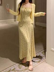 DAZY 纯色露脐上衣和碎花修身长款吊带睡裙女士睡衣套装，秋冬服装 - 黃色 - 查看 3