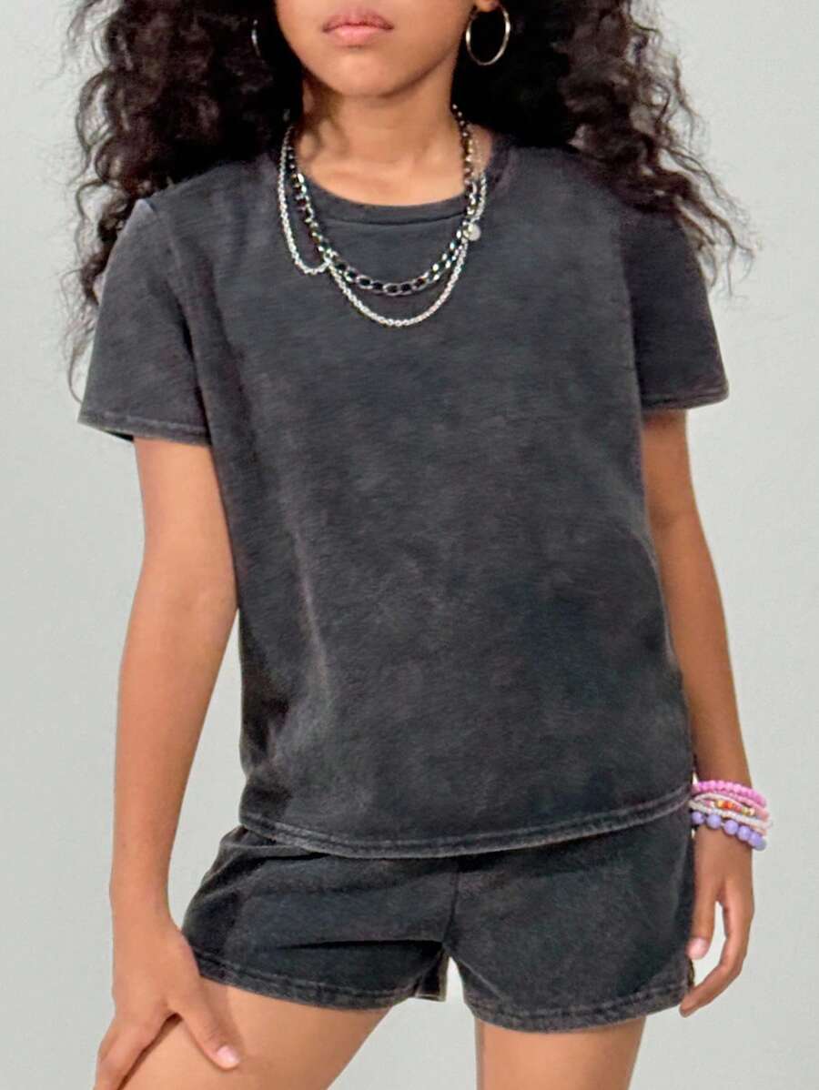 Coolane 青少年女孩夏季两件套复古做旧T恤和短裤套装 - 黑色 - 查看 1