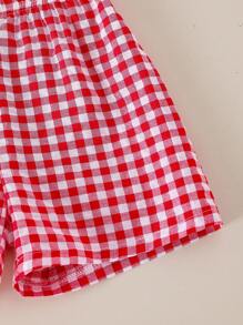 SHEIN 2 件装返校女孩（小号）铅笔画印花白色短袖上衣和舒适格子短款 T 恤套装，春夏时尚 - 白色 - 查看 7