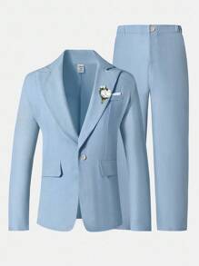 SHEIN 2 件/套青少年男孩绅士装，包括修身浅蓝色翻领双色西装外套和正装裤，优雅而迷人的正装，适合春夏季、生日派对、晚会、表演、主持人、婚礼季节，适合情人节、生日、婚礼、毕业典礼、婚礼嘉宾、花童、戒指持有人 - 淺藍色 - 查看 4