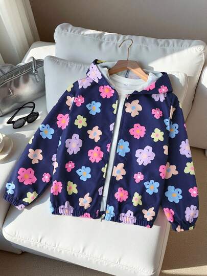 Chaqueta con capucha informal a juego para niña de color azul oscuro con un encantador estampado de flores pintado a mano y colorido, cierre de cremallera, adecuada para uso en el hogar, uso diario, otoño e invierno, a prueba de viento y lluvia, ideal para salir