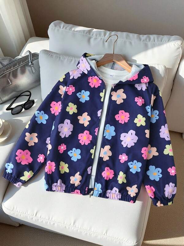 WESTFADE Young Giacca con cappuccio casual e versatile per ragazze, in blu scuro, con un delizioso motivo floreale colorato dipinto a mano, chiusura con chiusura lampo, adatta per casa, uso quotidiano, autunno e inverno, antivento e impermeabile, ideale per uscite