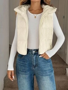 Easowa 前拉链连帽纹理无袖夹克，休闲宽松通勤复古风格棉服外套，女士羽绒背心，粗针织背心，秋冬连帽背心 - 杏色 - 查看 3