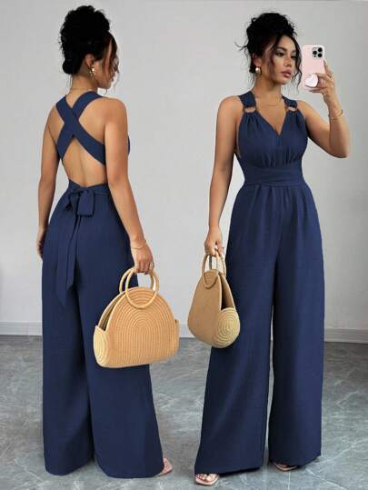 Selianne Mono de pierna ancha con cuello en V y cintura con lazo, azul, conjunto de verano casual para mujer