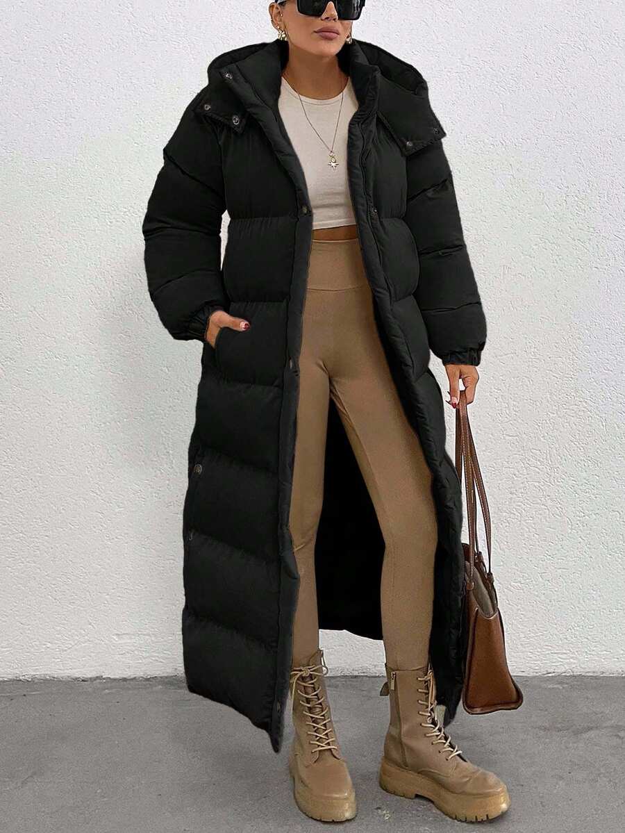 EURMUSE Keep Warm Feature, Maxi Lenght, Side Popper Detailed Puffer Winter Coat - Black - View 1