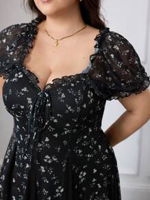 SHEIN MOD Robe longue à manches bouffantes avec ourlet asymétrique et imprimé floral de style rétro élégant pour grande taille, robes élégantes pour fête, robe d'anniversaire pour femmes, fête, Halloween