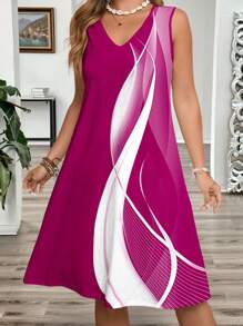 EMERY ROSE 大码女式拼色抽象印花 A 字形度假连衣裙、V 领无袖背心裙、时尚夏季连衣裙太阳裙海滩女装 - 彩色 - 查看 1