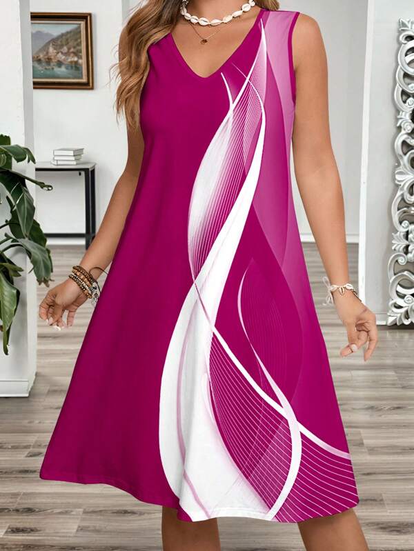 EMERY ROSE Plus Size Women's Colorblock Abstract Print A-Line Dress For Vacation,V-Neck Sleeveless Tank Dress,Fashion Summer Dress Sundress Beach Women Outfit