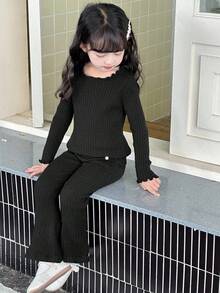 Dazy Kids Young Girl Frill Trim Crew Neck Long Sleeve Sweater And Flared Knit Pants Casual Outfit - Black - View 6