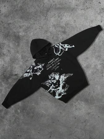 Street Life Felpa con cappuccio casual da uomo con stampa slogan dell'angelo, adatta per Ognissanti, autunno e inverno