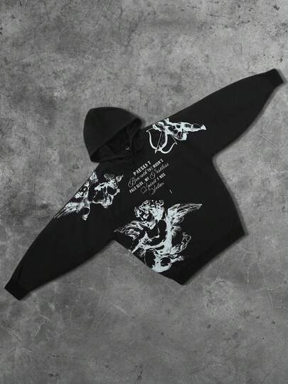 Street Life Felpa con cappuccio casual da uomo con stampa slogan dell'angelo, adatta per Ognissanti, autunno e inverno