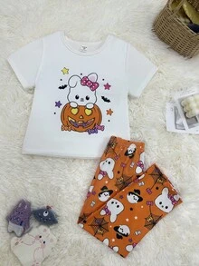 بيجامة بناتية للأطفال الصغار بطبعة أرنب وقرع هالوين، ملابس علوية بأكمام قصيرة وبنطلون
