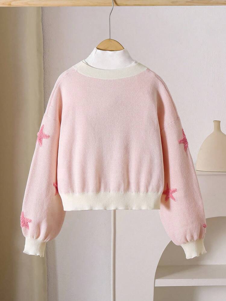 Áo len cardigan cho bé gái tuổi teen, họa tiết jacquard hình sao biển, màu hồng, thích hợp cho mùa thu, đông, xuân, mặc nhiều lớp với chân váy - Hồng - Xem 7