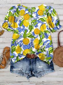 EMERY ROSE 加大码花卉柠檬印花休闲宽松衬衫，简约设计，适合夏季音乐节、度假