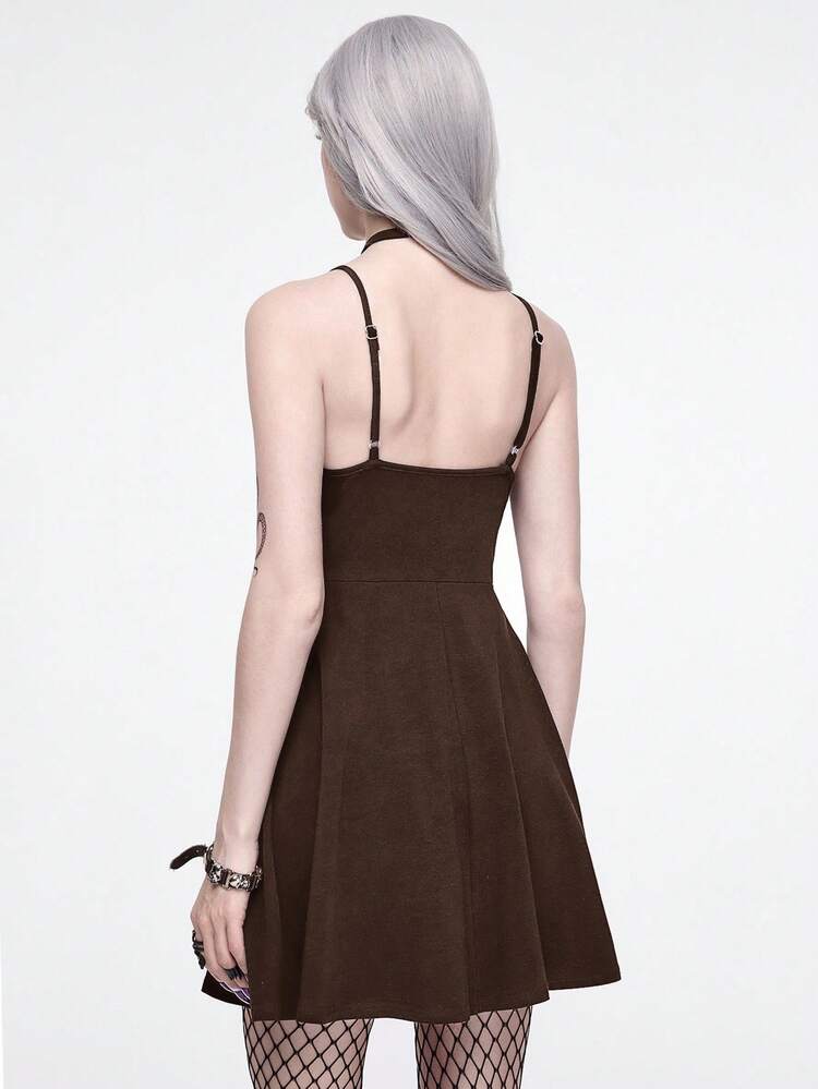 ROMWE Váy ngắn màu trơn gợi cảm phong cách Gothic dành cho nữ, mùa hè - Cà phê nâu - Xem 3