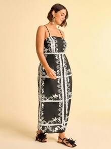 CAJUNI Plus Size Women's Vacation Casual Beach Spaghetti Strap Dress, Boho Vintage Print, Long Black Maxi Dress