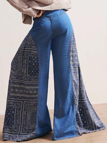Bohemela 女式复古休闲度假拼布印花阔腿牛仔裤 - 藍色 - 查看 7