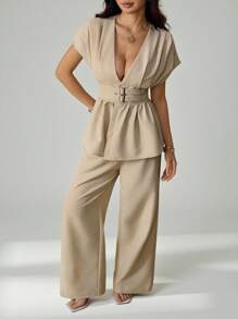 SHEIN PETITE Bộ đồ đi làm hàng ngày đơn giản và thanh lịch mới chất liệu tre mơ cổ chữ V hở eo khóa cài áo trễ vai & quần ống rộng ống đứng cạp cao - Màu Khaki - Xem 7