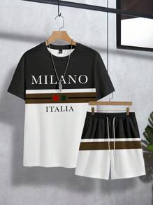 Manfinity Homme Men's Letter Print Contrast Color Short Sleeve T-Shirt And Drawstring Waist Shorts Set - Multicolor - View 4