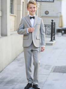 SHEIN 4 件套青少年男孩绅士服装套装：背心 + 西装外套 + 衬衫 + 裤子 + 领结，适合生日派对、婚礼、毕业典礼、周年纪念的正式西装 - 灰色 - 查看 8