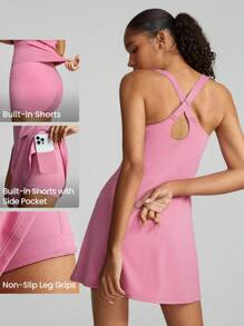 GLOWMODE FeatherFit™-Air Peekaboo 每天內建短褲口袋防滑連身裙，輕支撐低衝擊瑜伽工作室春季裙，夏季裙 - 粉色 - 查看 4