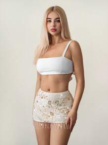 SHEIN ICON 女式串珠流苏下摆迷你裙，低腰紧身裙，内置短裤，性感别致的 B 秋季女装