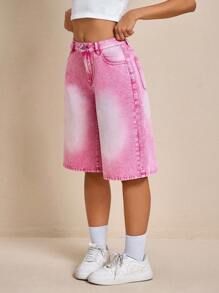 SHEIN Tall 女式休闲做旧拉链口袋宽松牛仔短裤，夏季 - 粉色 - 查看 1