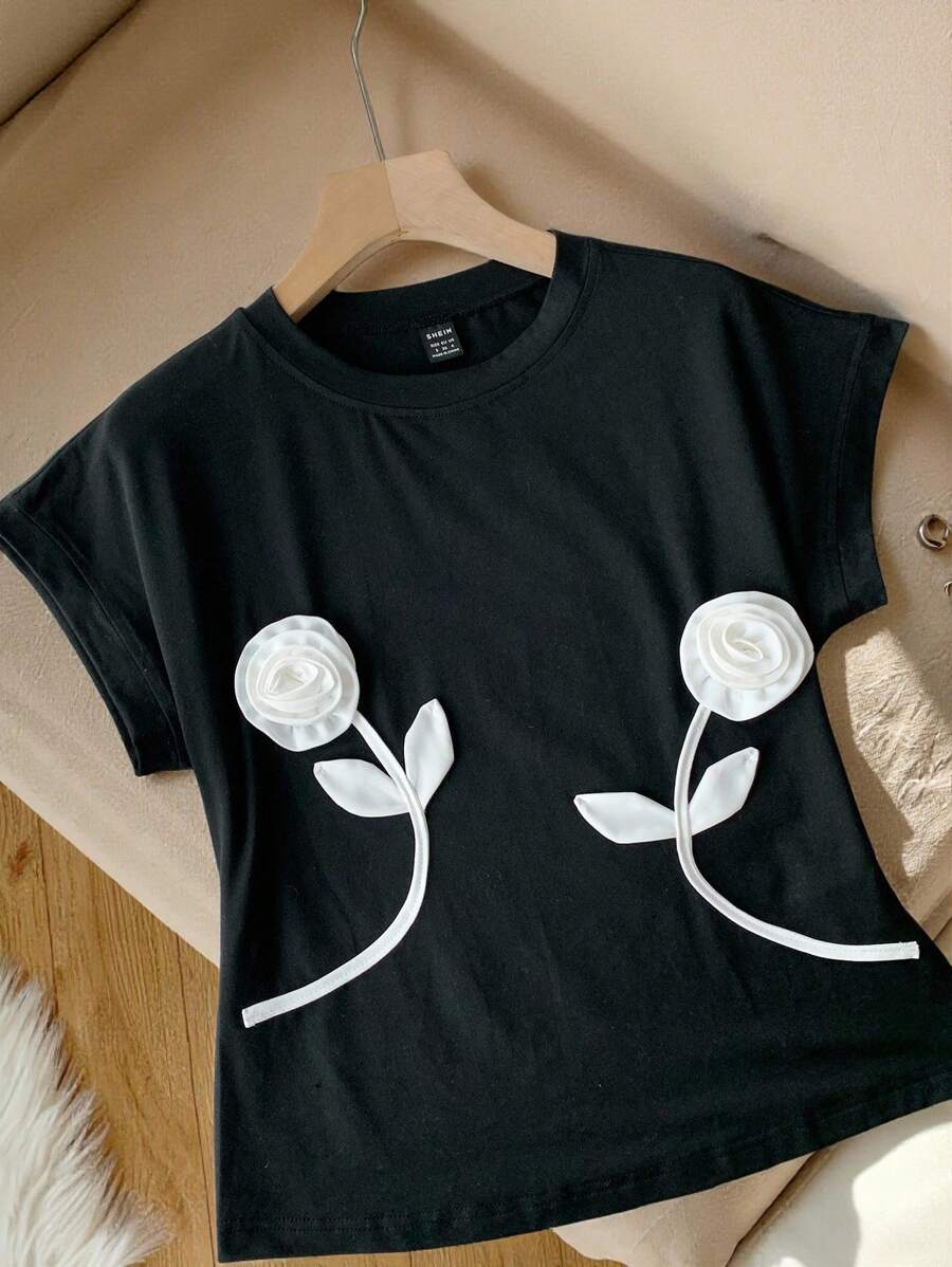 Comfortcana Damen Kontrast-Farben Blumen 3D Dekoration Rundhals Bluse - Schwarz - Übersicht 1