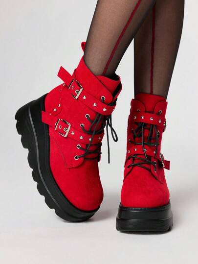 Goth Women's 2024 Fall/Winter New Round Toe Black Punk Buckle Thick Bottom Ankle Boots