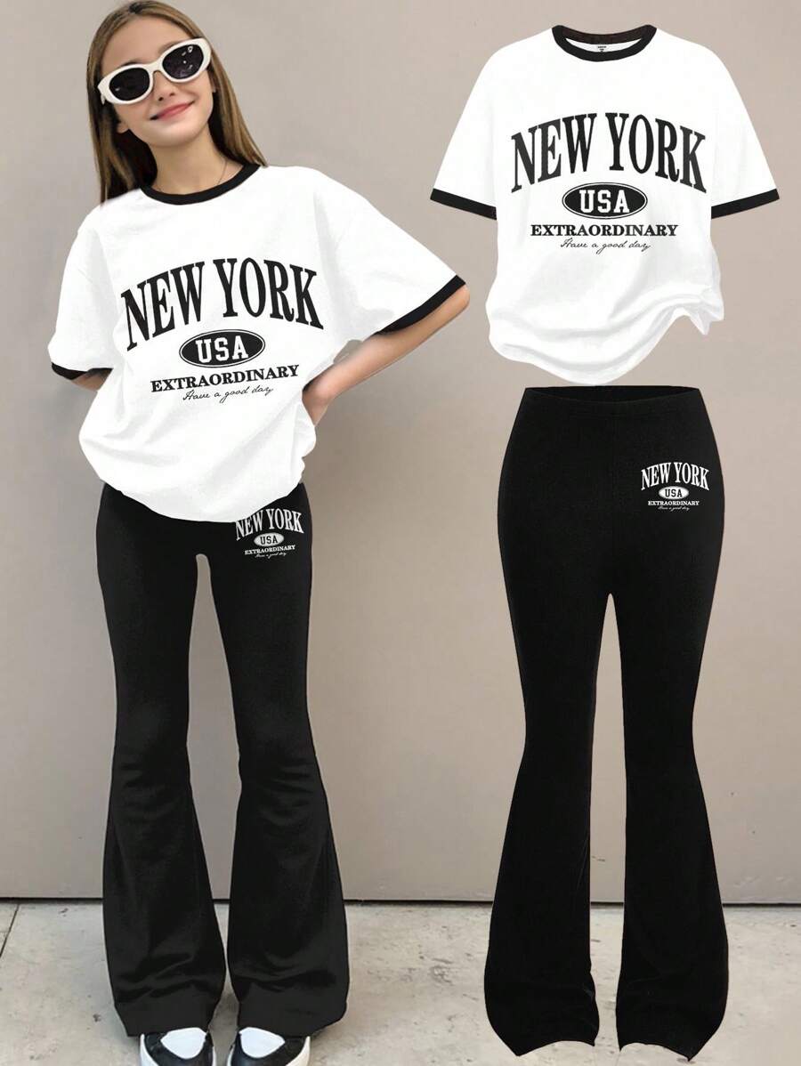 SHEIN Leap Crew 2pcs/Set Tween Girl Casual Minimalist Short Sleeve Top And Pants Set, Suitable For Summer - Multicolor - View 1