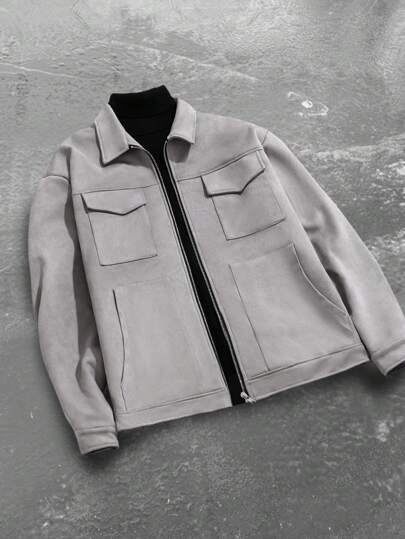 Manfinity EMRG Men's Casual Loose Fit Drop Shoulder Jacket Grey Jacket Men Grey Grey Zip Up Jacket Grey Jacket Grey Shacket Fashion Jacket, Light Grey Jacket, Grey Jacket, Jacket, Old Money Style Fleece