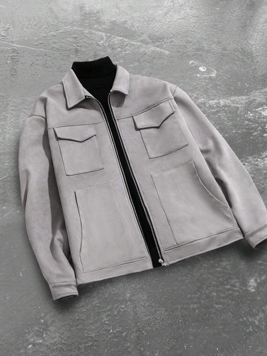 Manfinity EMRG Men's Casual Loose Fit Drop Shoulder Jacket Grey Jacket Men Grey Grey Zip Up Jacket Grey Jacket Grey Shacket Fashion Jacket, Light Grey Jacket, Grey Jacket, Jacket, Old Money Style Fleece - Grey - View 1