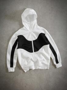 Manfinity EMRG Men's Contrast Color Zipper Collar Hooded Casual Sweatshirt, White And Black Hoodie, White Zip Up, Back And White Hoodies, Zip Up Hoodie - Multicolor - View 3