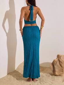 Opulessa 女式性感露背吊带上衣和裙子两件套，夏季，女式两件套服装，度假装女式裙子套装，别致女式套装，两件套裙子套装，休闲女式，音乐会，派对，俱乐部服装，秋季女式服装，别致秋季，外出服装，优雅性感派对约会夜服装女式 - 藍色 - 查看 3