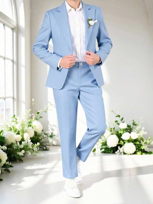 SHEIN 2pcs/Set Teen Boys Gentleman Outfit, Includes Slim-Fit Light Blue Lapel Two-Tone Blazer Jacket And Dress Pants, Elegant, And Glamorous Formal Wear Suitable For Spring/Summer, Birthday Party, Evening Event, Performance, Host, Wedding Season, Fit For Valentine's Day, Birthday, Wedding, Graduation, Wedding Guest, Pageboy, Ring Bearer
