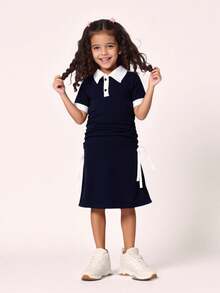 Váy chữ A tay ngắn họa tiết nơ xếp ly cổ màu tương phản phong cách thường ngày cho bé gái, trang phục trở lại trường - Màu xanh hải quân - Xem 8