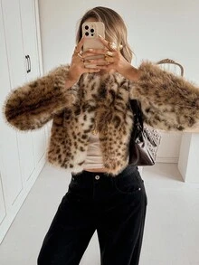 Siren Gaze 秋冬新款豹纹蓬松短款女外套 - 棕色 - 查看 6