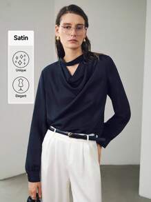 Uhlyne Uhlyne Blusa de manga larga con cuello drapeado y lazo, de seda satinada, de color negro sólido, suelta y cómoda, estilo minimalista, para otoño, apta para el trabajo, profesores, vuelta al colegio, otoño, estilo neutral, casual de negocios, estilo "old money" - Negro - Ver 1