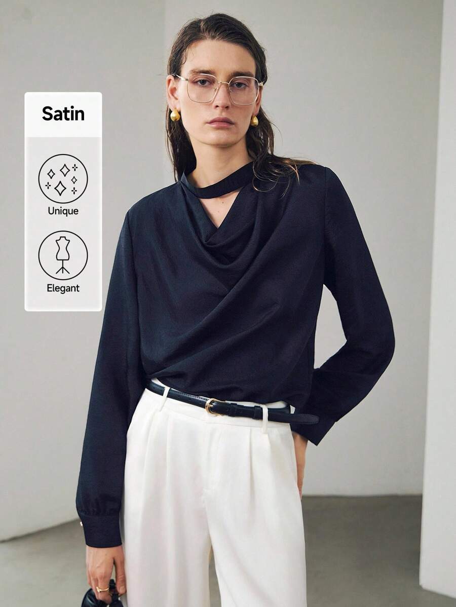 Uhlyne Uhlyne Blusa de manga larga con cuello drapeado y lazo, de seda satinada, de color negro sólido, suelta y cómoda, estilo minimalista, para otoño, apta para el trabajo, profesores, vuelta al colegio, otoño, estilo neutral, casual de negocios, estilo "old money" - Negro - Ver 1