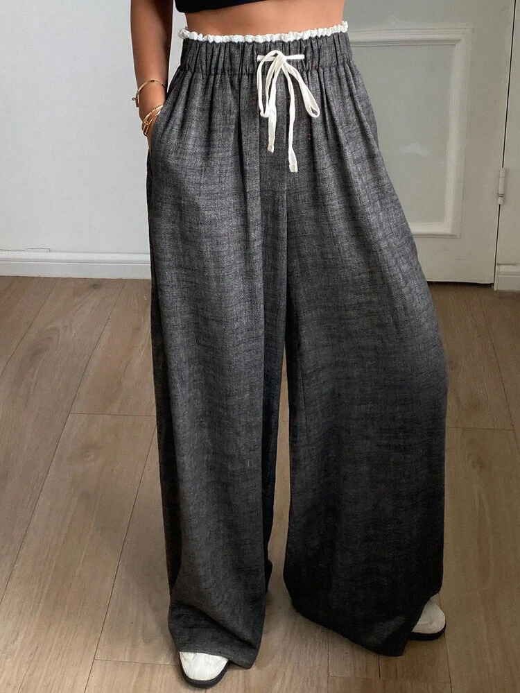 Women's Casual Loose Fit Drawstring Waist Patchwork Color Block Wide Leg Pants, Spring/Summer