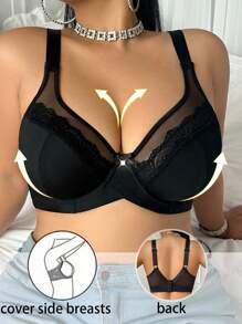 SHEIN 1pc Plus Size Lace Patchwork Underwire Bra, Lift - Black - View 4