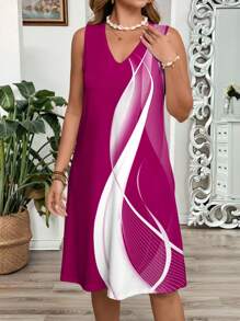 EMERY ROSE 大码女式拼色抽象印花 A 字形度假连衣裙、V 领无袖背心裙、时尚夏季连衣裙太阳裙海滩女装 - 彩色 - 查看 3