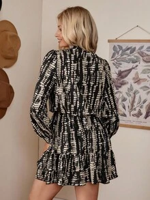 LanaWest Women Stand Collar Cardigan Waist Lantern Sleeve Ruffle Hem Long Sleeve Short Dress - Multicolor - View 2