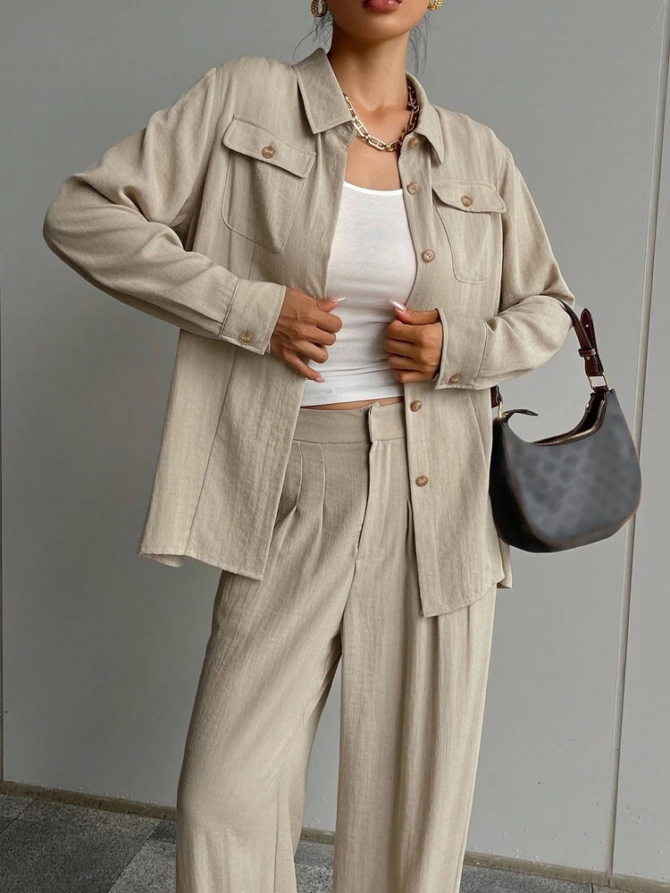 2pcs Women's Casual Vintage Coin Pattern Long Sleeve Top And Wide Leg Pants Set