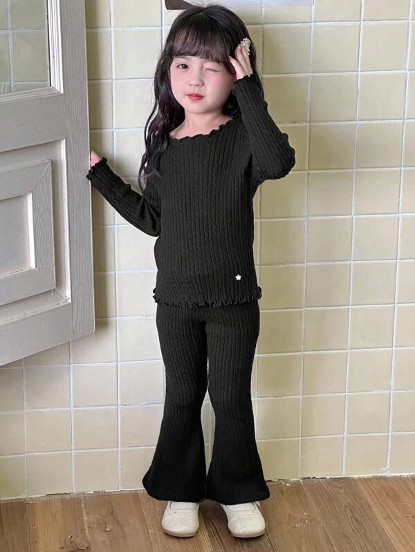 Dazy Kids Young Girl Frill Trim Crew Neck Long Sleeve Sweater And Flared Knit Pants Casual Outfit