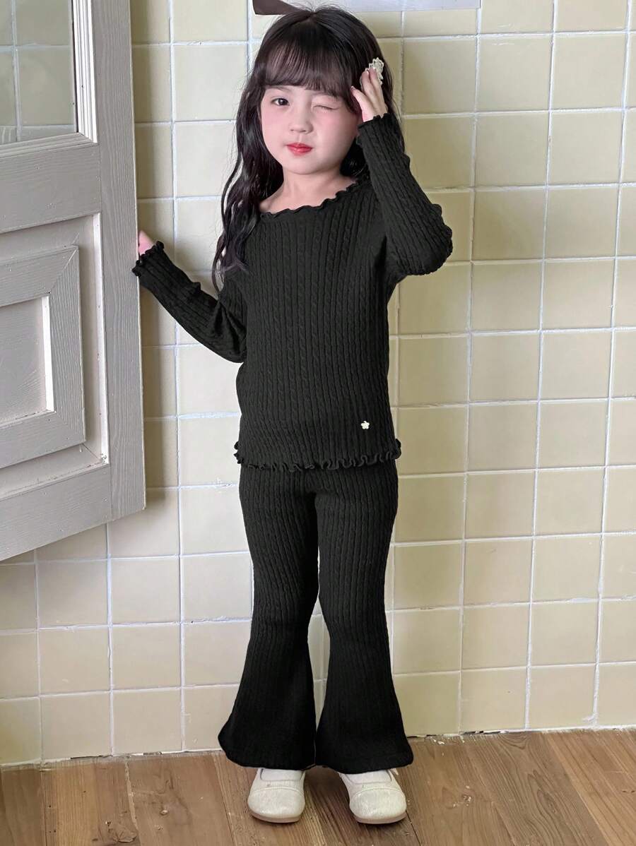 Dazy Kids Young Girl Frill Trim Crew Neck Long Sleeve Sweater And Flared Knit Pants Casual Outfit - Black - View 1