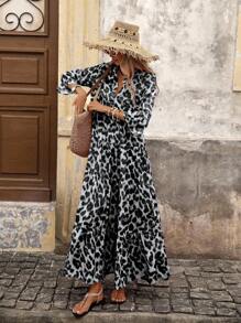 Brillora 女式梭织印花短袖长裙 - 黑色 - 查看 6