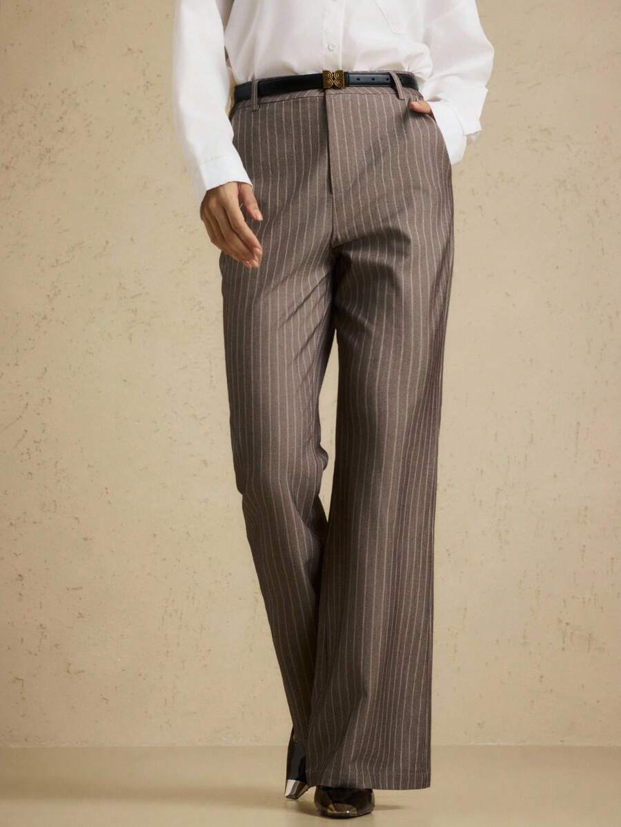 Briarwyn Fall And Winter Clothes Old Money Style Women's Casual Commuter Oblique Pocket Striped Flare Pants,Vintage Clothes Women,Business Casual Woman Work - Coffee Brown - View 1