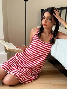 SHEIN Váy ngủ không tay họa tiết sọc thời trang thường ngày, mùa hè - Nhiều màu - Xem 1